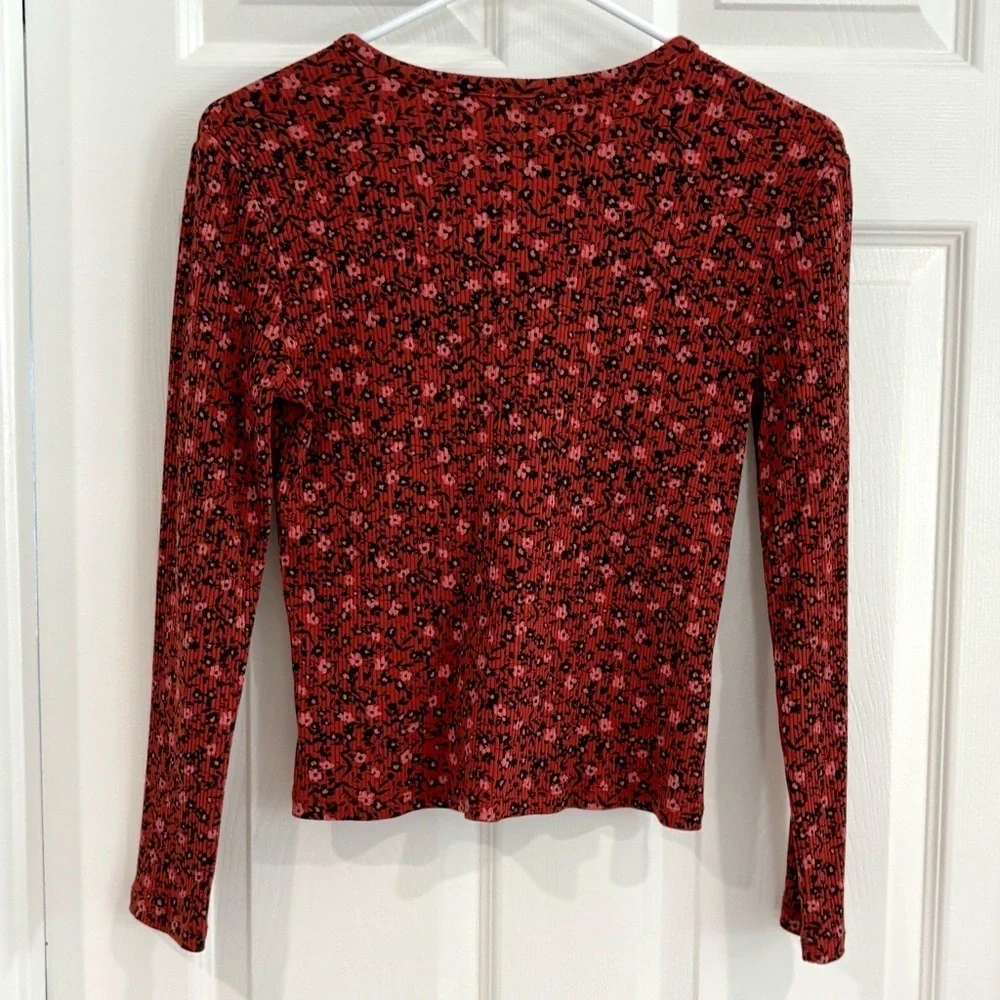 Old Navy Girl Fitted Ribbed Burgundy Black Floral Button-Up Top Sz XL 14/16